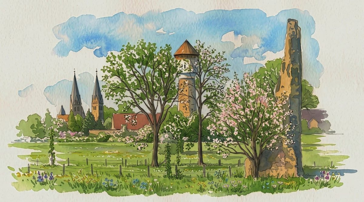 landscape, watercolor, painting, flower background, flower wallpaper, art, beautiful flowers, blue, tower, region, tree, church, germany, church spire, water, flower, spring, snow, nature, architecture, ruin, panorama, pastel color