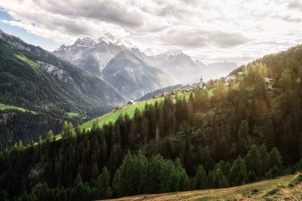 mountains, nature, forest, village, alps, panorama, green, scenery, fresh air, view, cable cars, alpine architecture, sunshine, grass, dawn, hills, europe, rural, summer, mountain hiking