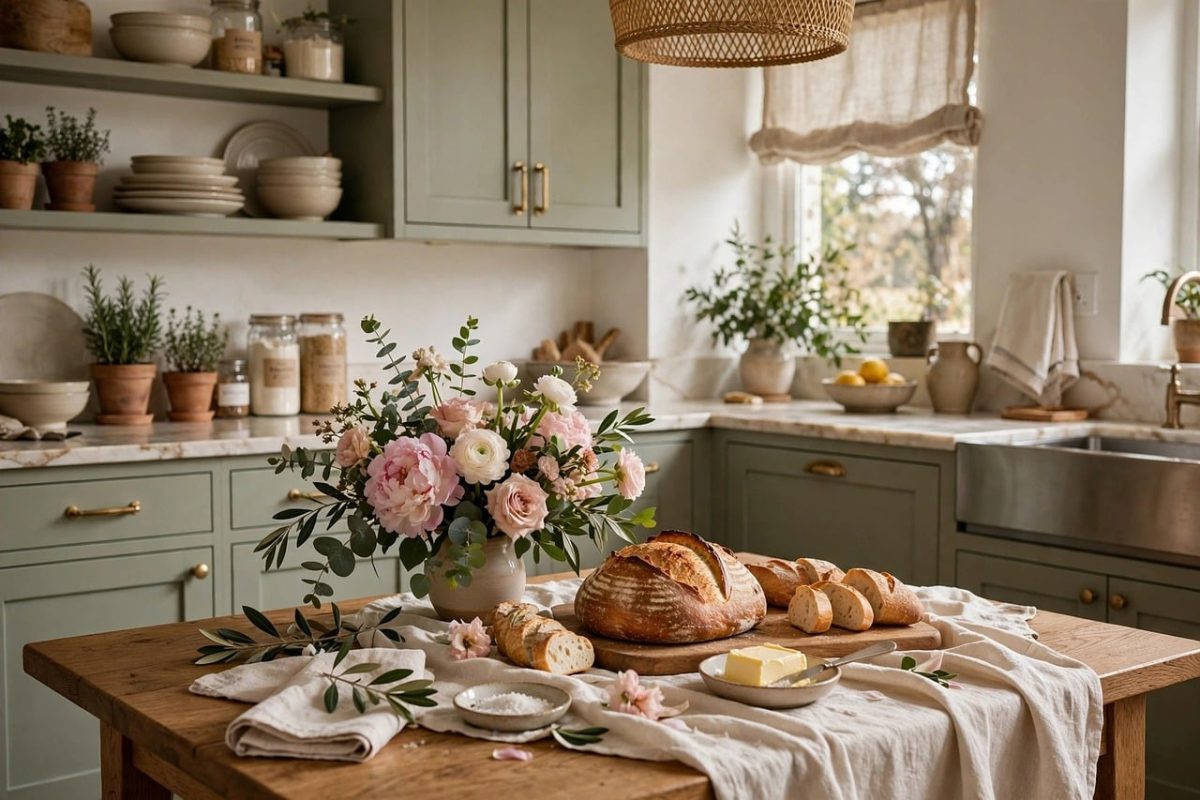 kitchen, dining table, bread, flowers, rustic, beautiful flowers, interior, light, chair, nature, dishes, rustic kitchen, flower wallpaper, decoration, fresh, still life, cream and butter, teapot, ceramics, backlit, vintage style, flower background, household