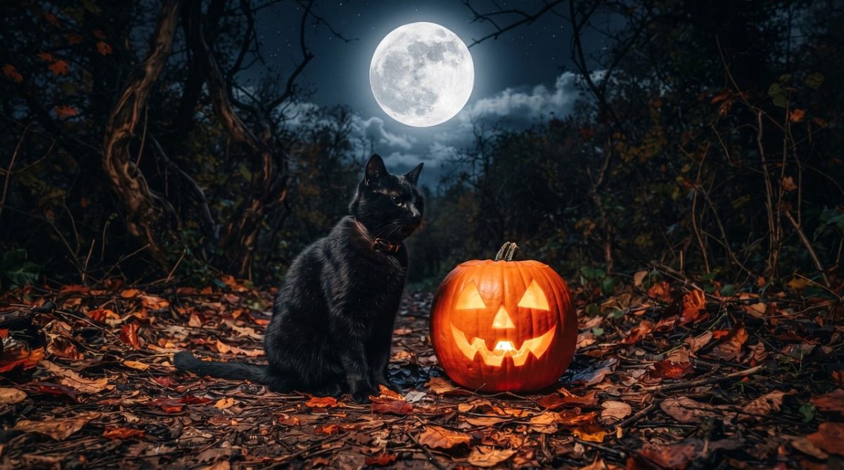 black cat, pumpkin with carved face, full moon, autumn leaves, halloween, autumn, landscape photography, spooky, traditional festivity, night, paranormal, dark forest, autumn evening, mysterious, magical, cloudy sky, scarecrow, rustling