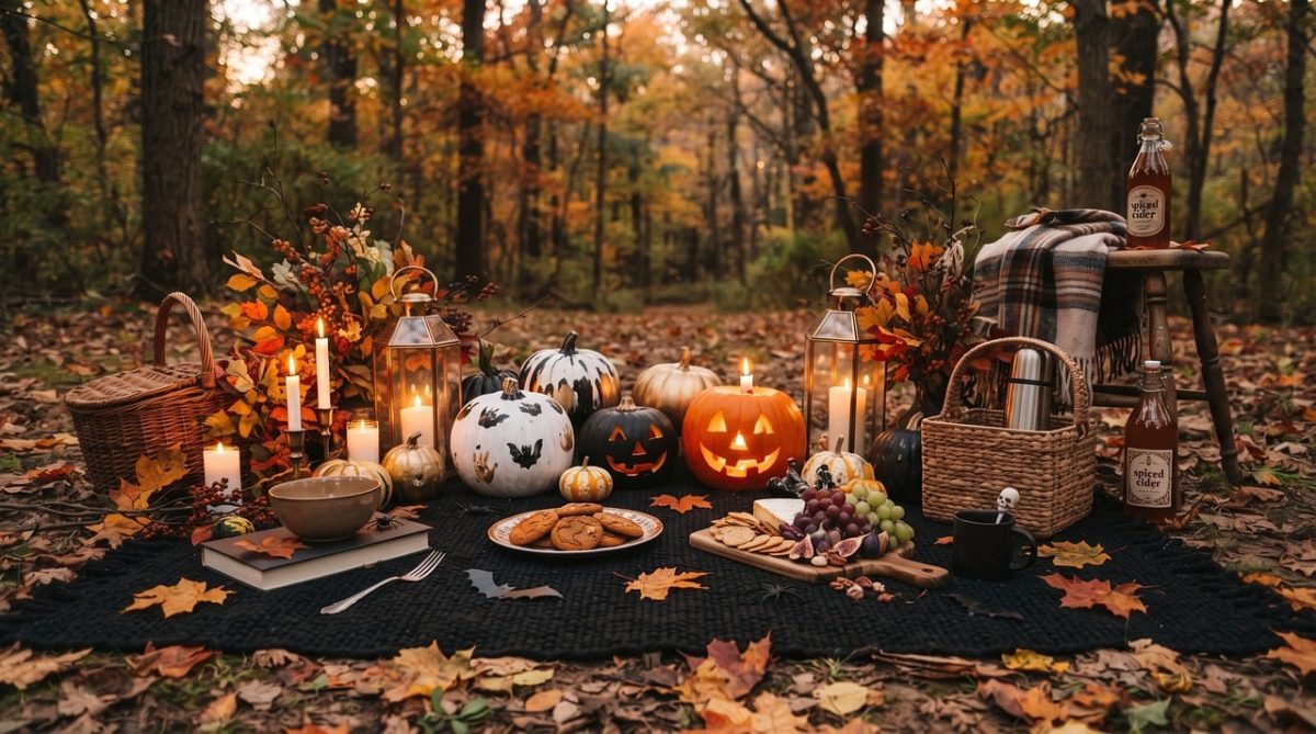 halloween, picnic, pumpkin, autumn, forest, lanterns, nature, decoration, food, pumpkins with lights, autumn leaves, candles, outdoor, picnic basket, fire pit, camp enamel, kitchen, fall decor, urban setting, cozy, tea