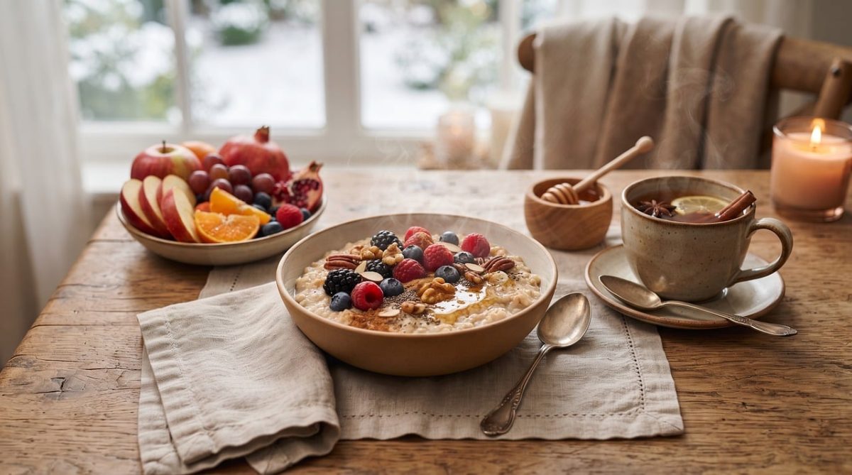 oatmeal, breakfast, healthy, berries, fruit, porridge, honey, nutrition, organic, diet, tea, wellness, homemade, fresh, superfood, nuts, cozy, healthy food, teaspoon, antique table, spices