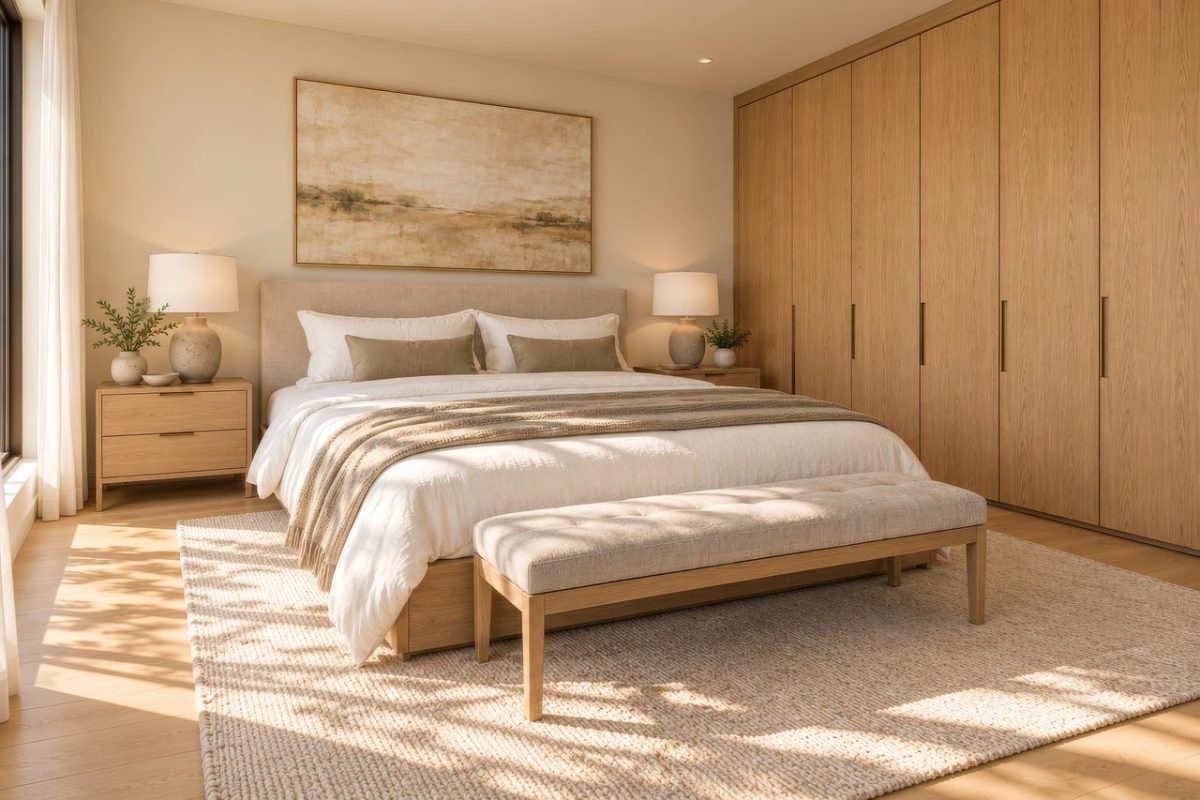 bedroom, modern, luxurious, interior, bed, carpet, wooden, minimalism, nature, light, comfort, design, pillow, decoration, smart home, nightstand, decor plan, white, earth tones, modular furniture