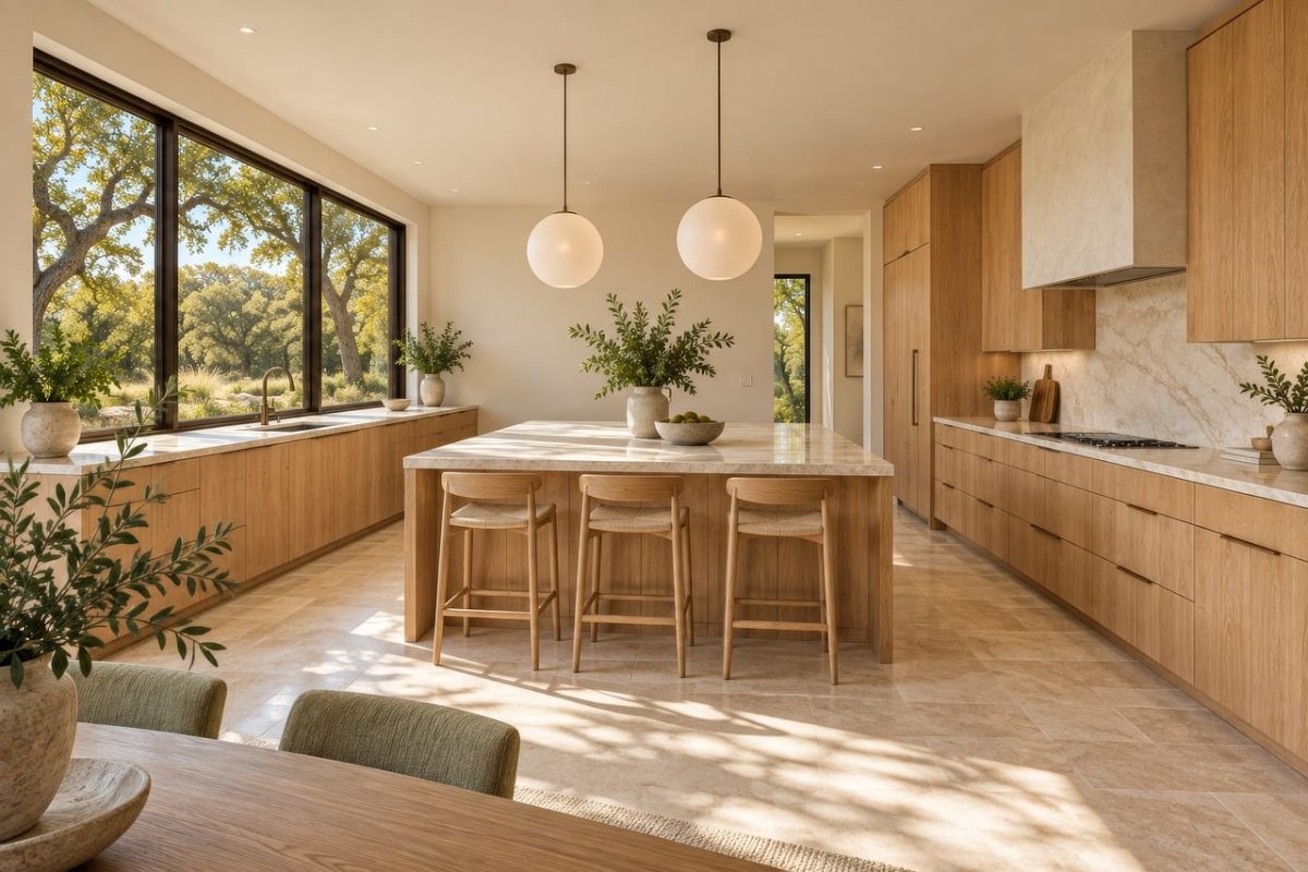 modern kitchen, kitchen island, natural light, wooden furniture, large windows, open space, marble countertop, indoor plants, chair, minimalist design, natural materials, harmonious environment, architecture, elegant space, home comfort, vegetation view, home design, jute rug, trendy design