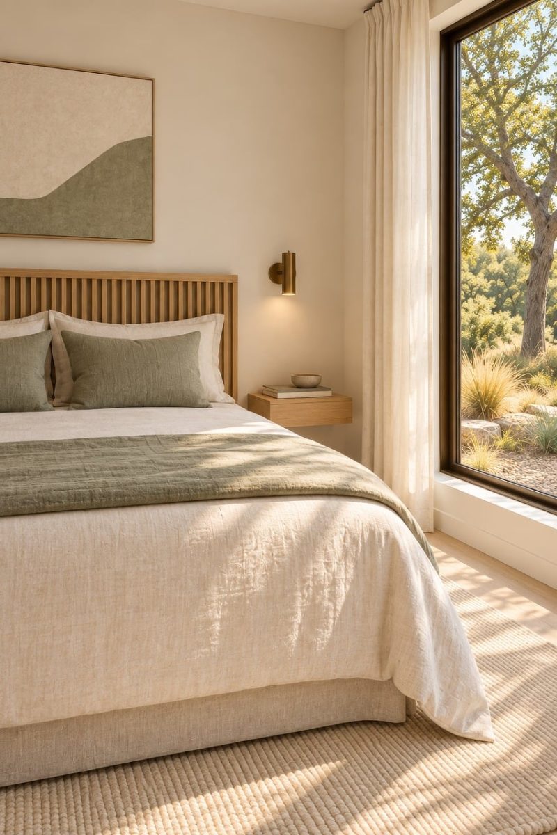 bedroom, modern design, natural light, cozy, interior, minimalist, wooden bed, bedding, decorative pillows, upholstered headboard, curtain, nature outside, art decoration, natural materials, zen, lighting, rug, window, daylight