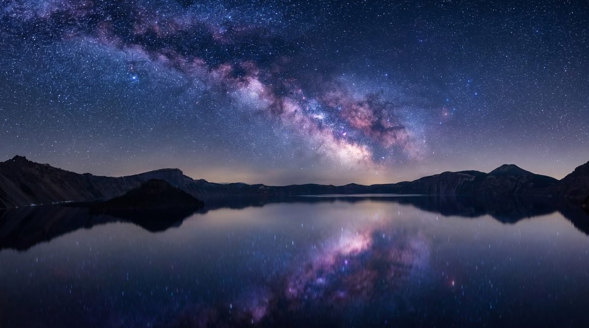 milky way, crater lake, galaxy, astrophotography, night sky, reflection, nebula, stars, landscape, cosmos, astronomy, horizon, universe, purple, nature, tranquil, scenic, mountains, darkness, outer space