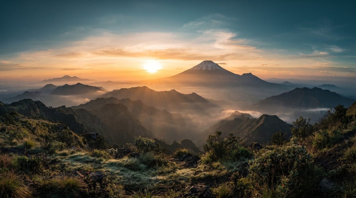 mountains, sunrise, peak, volcano, mist, horizon, nature, morning, panoramic, scenery, ridges, clouds, outdoor, travel, summit, fuji, alpine, wilderness, sky, mountain range, valley