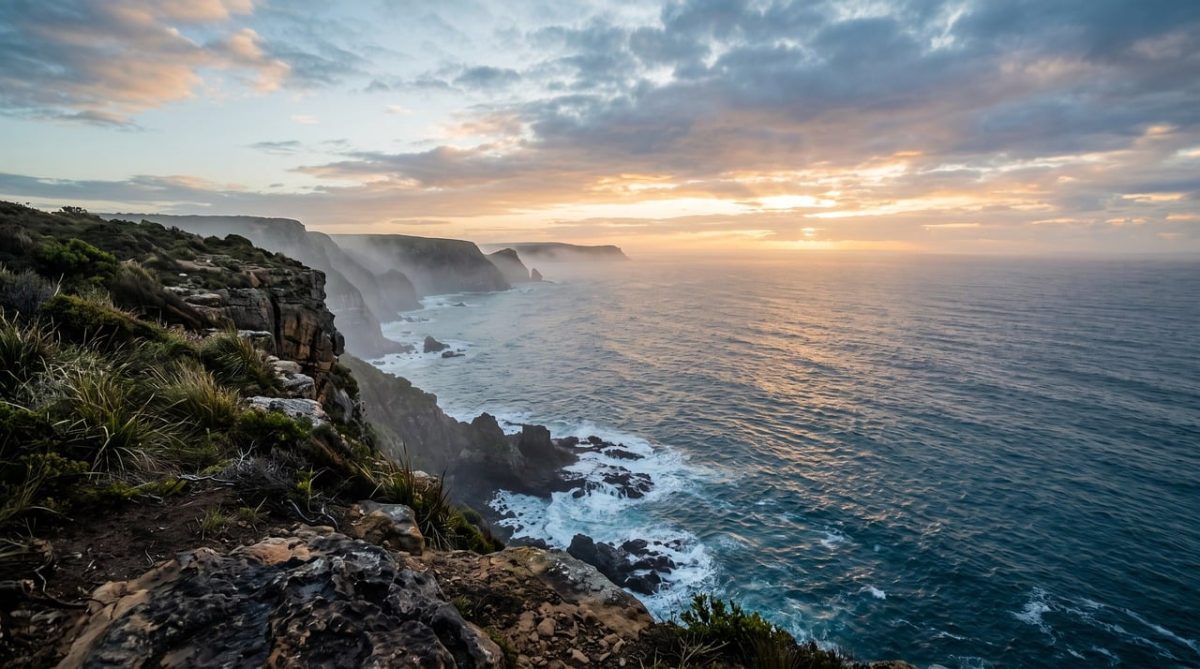 cliffs, ocean, sunset, coast, sea, rocks, horizon, waves, landscape, adventure, view, twilight, water, shoreline, scenery, travel, maritime, mist, geology, nature