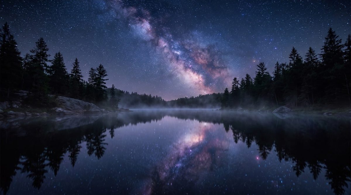 milky way, lake, reflection, night sky, astrophotography, stars, forest, mist, nature, cosmos, sky, galaxy, landscape, pine trees, wilderness, tranquil, astronomy, outdoors, scenic, horizon