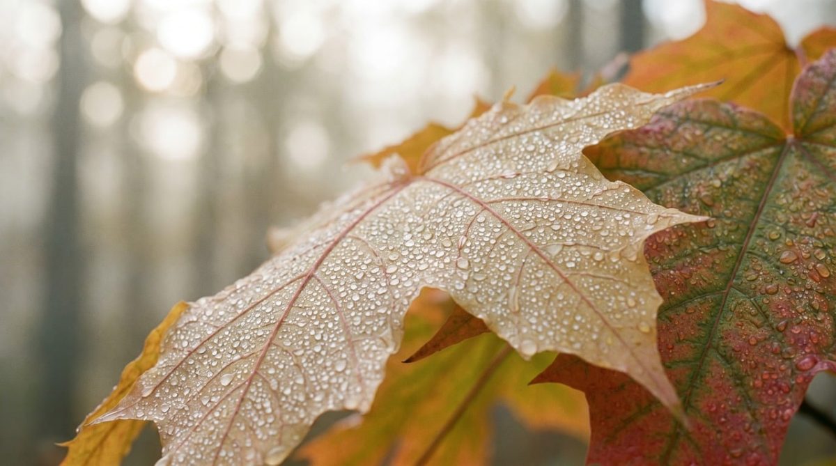 maple leaf, dew, autumn, water droplets, macro, nature, foliage, seasonal, green, texture, wet, morning, rain, vegetation, forest, outdoor, close up, detail, red, orange, fresh