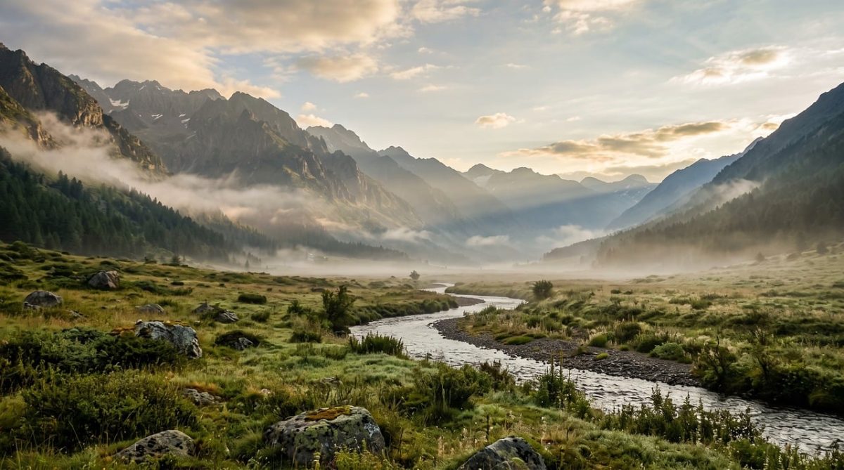 mountain, valley, river, mist, landscape, sunrise, alpine, nature, meadow, wilderness, stream, peaks, fog, scenic, hiking, destination, outdoors, serene, geology, view