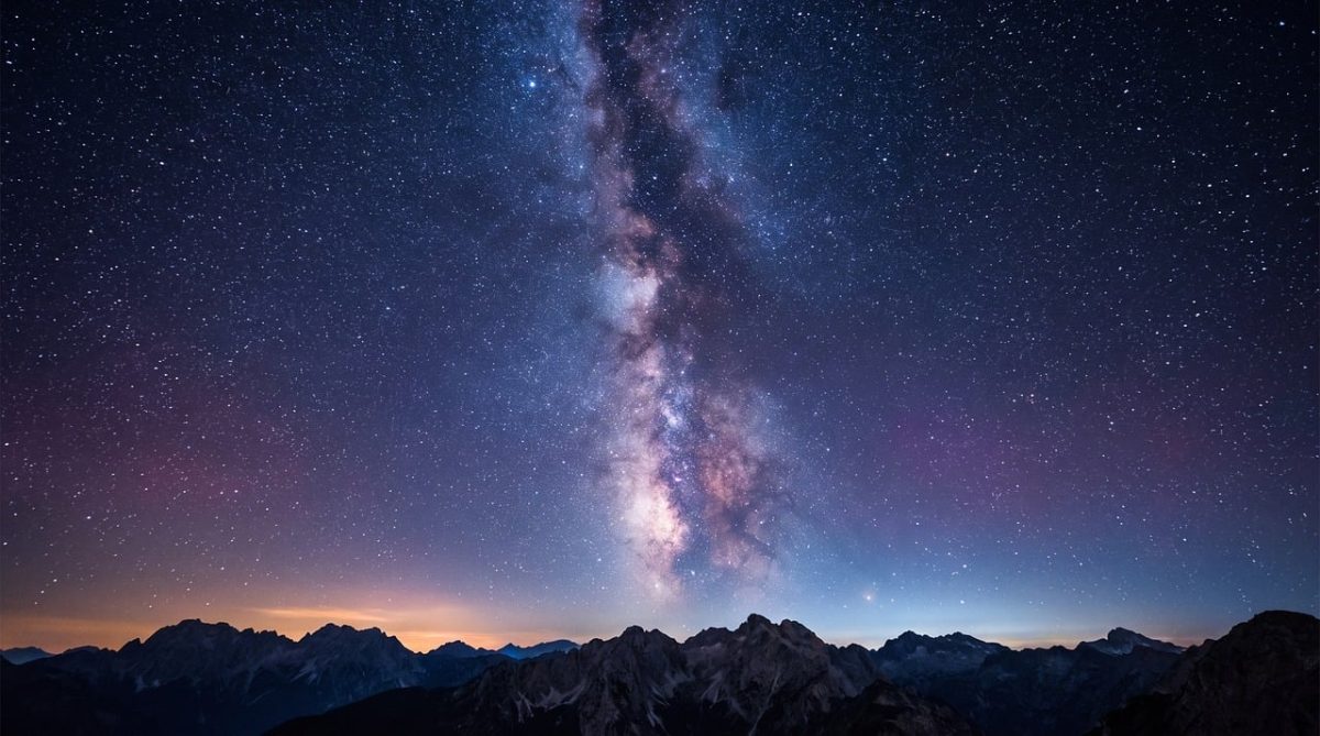 milky way, mountains, starry sky, astronomy, galaxy, purple, blue sky, blue, dark sky, horizon, nature, universe, peaks, starlight, cosmos, landscape, midnight sky, panorama, sky, science, beauty