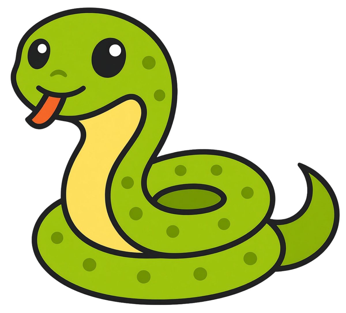 cartoon snake, green snake, cute snake, snake illustration, smiling snake, snake tongue, kids art, simple design, comic style, yellow belly, cartoon character, humor, child theme, drawn animation, simple colors, funny snake, animal concept, small snake, animal animation, colorful illustration