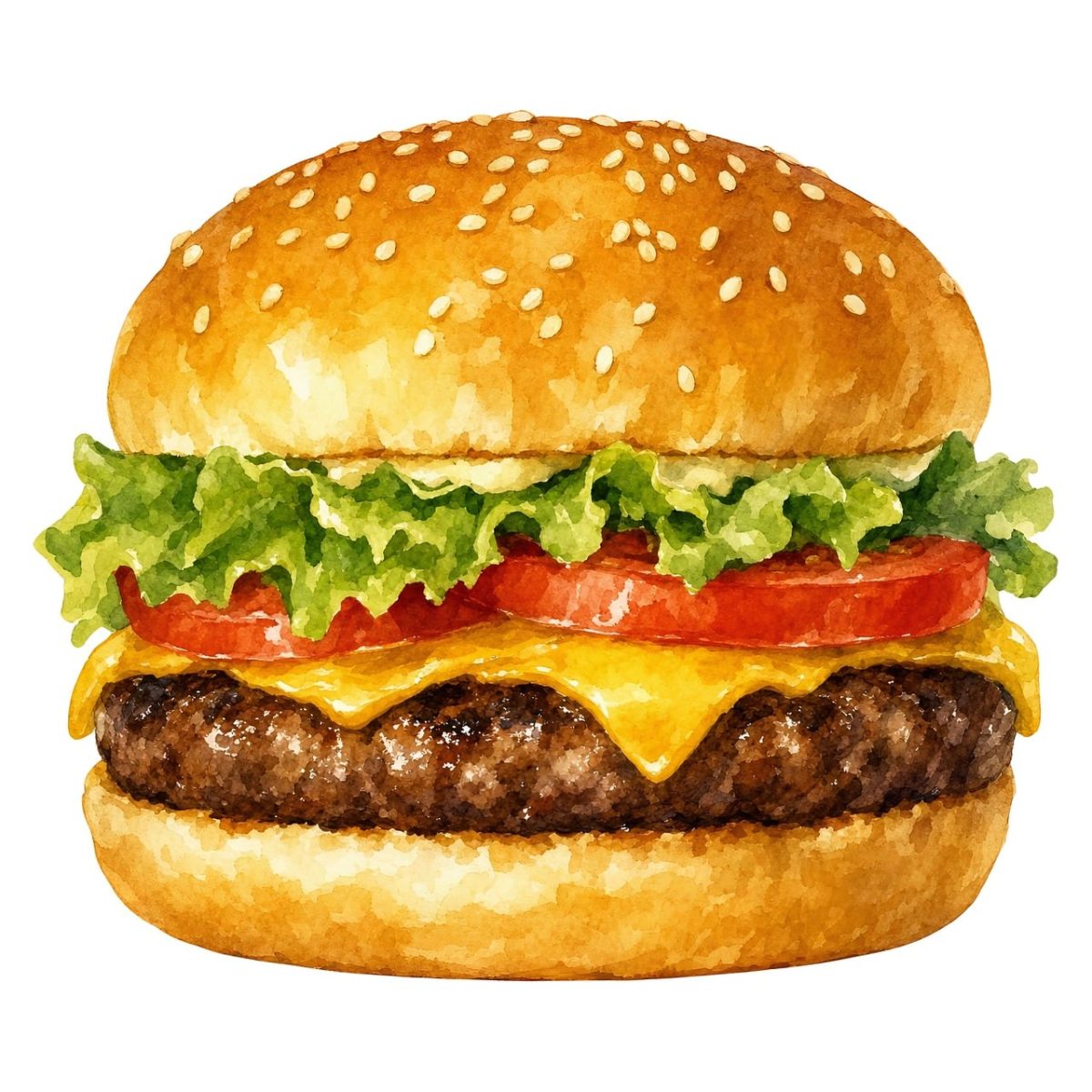 burger, cheese, lettuce, tomato, sesame seed, juicy, grilled, watercolor, fast food, food, lunch, nutrition, meat, beef, sauce, fresh, delicious, favorite