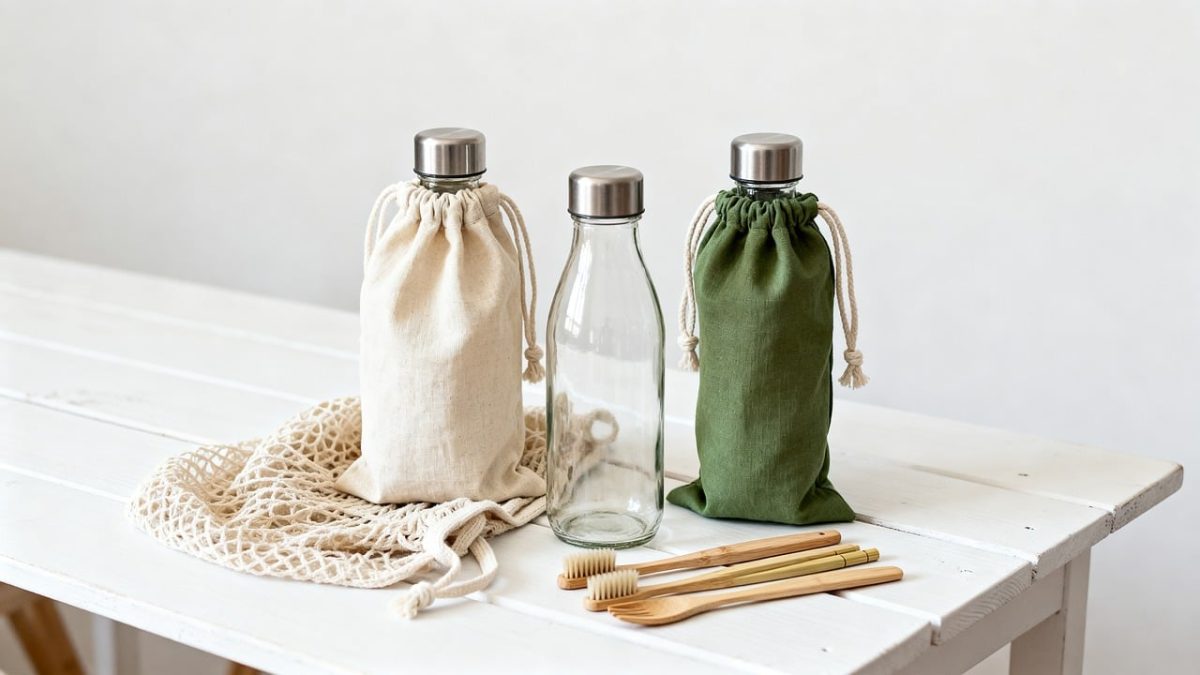 eco-friendly, cloth bag, wooden toothbrushes, glass bottle, zero waste, white wooden table, reusable products, sustainability, natural products, cloth net bag, minimalist, sustainable materials, eco dishes, eco bathroom, healthy lifestyle, environment, eco beverage, room, environmentally friendly, clean design