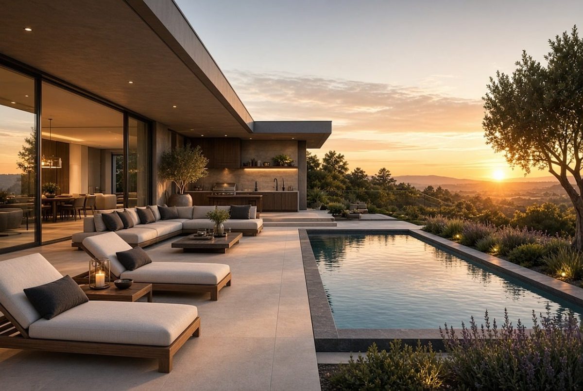 outdoor living area, swimming pool, sunset, luxury villa, neutral colors, modern architecture, outdoor terrace, villa with view, elegant design, natural surroundings, nature, open space, outdoor dining area, outdoor kitchen, relaxing retreat, contemporary style, comfortable seating, living space, summer outdoor activities, diverse landscape
