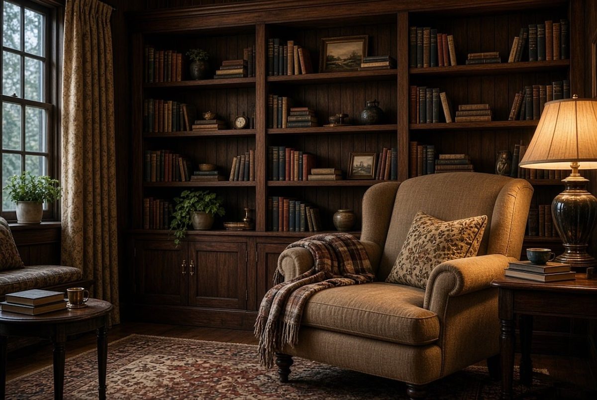 library, armchair, rugs, decorative, traditional, reading, lamp, upholstery, wooden, cozy, upholstered chair, calm, antique, homely, luxurious, relaxing, dark wood, curtains, cushions, intimate, lifestyle