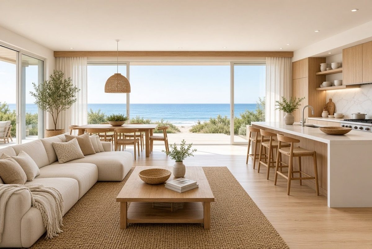 living room, kitchen, dining area, modern, luxury, ocean view, natural light, interior design, lounge area, elegant, breakfast nook, furniture, open living area, dramatic view, beach house, dining with view, holiday home, airy, bright interior, coastal style