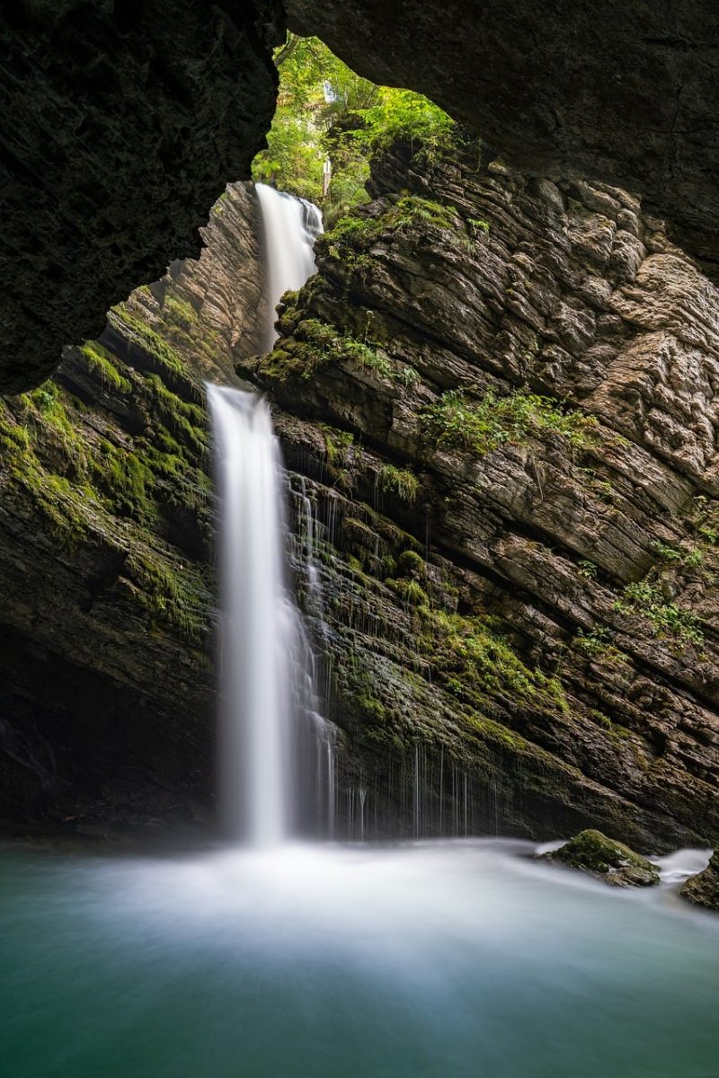 waterfall, cave, long exposure, nature, landscape, water, river, flow, rock wall, green moss, silence, tranquility, stream, refreshing, hiking, natural shelter, adventure, vacation, rainforest