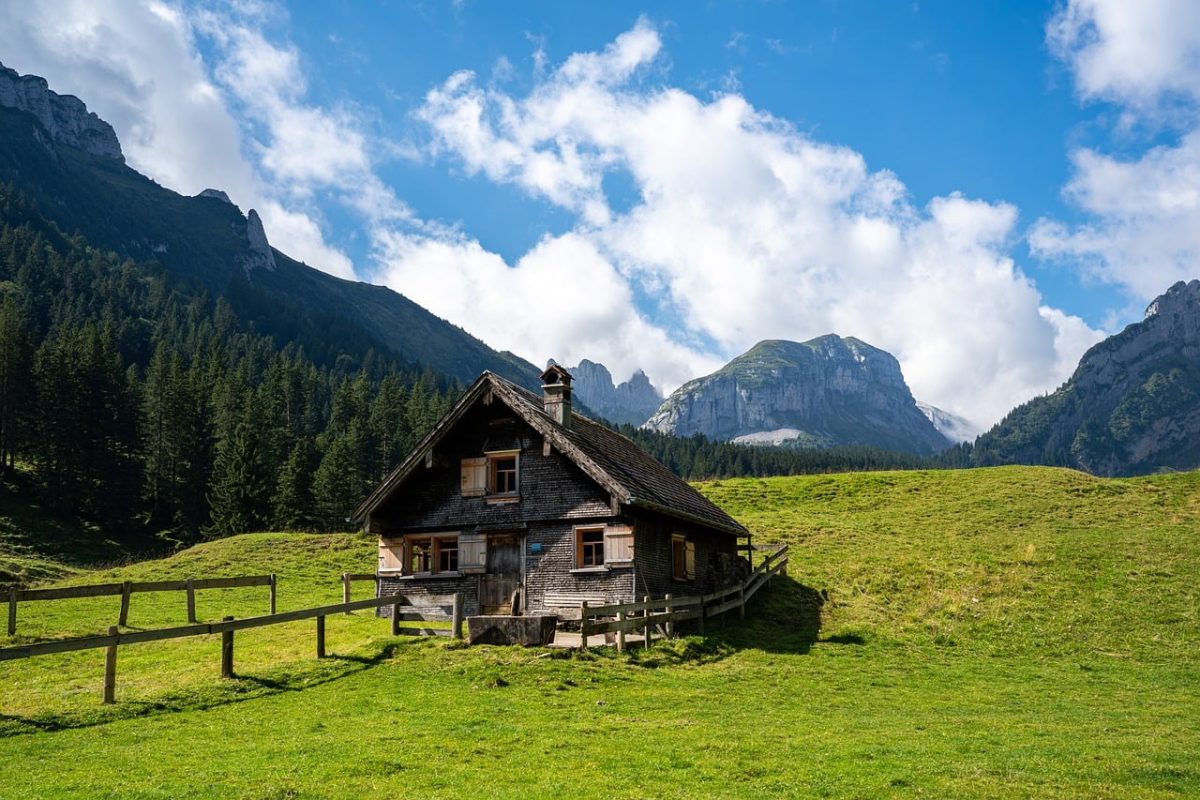 switzerland, nature, landscape, mountains, alps, clouds, cabin, grass, trees, pasture, cottage, fence, idyllic, wood, morning, green, blue sky, hiking, peaceful, countryside