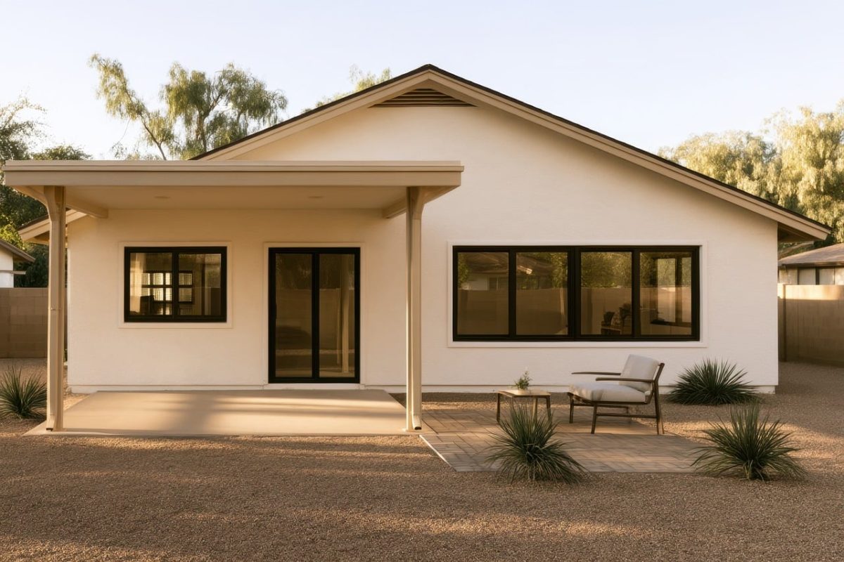house, exterior, modern, suburban, white, single-story, residential, architecture, building, desert, nature, patio, outdoor, living, space, contemporary, design, real estate, new construction, home, comfortable