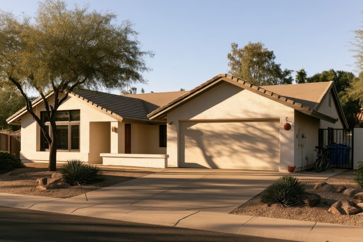 house, modern, facade, desert, architecture, building, suburban, garage, driveway, nature, yard, plant, landscape, outdoor, suburban street, tree, sunny, shadow, desert plant, residential, neighborhood