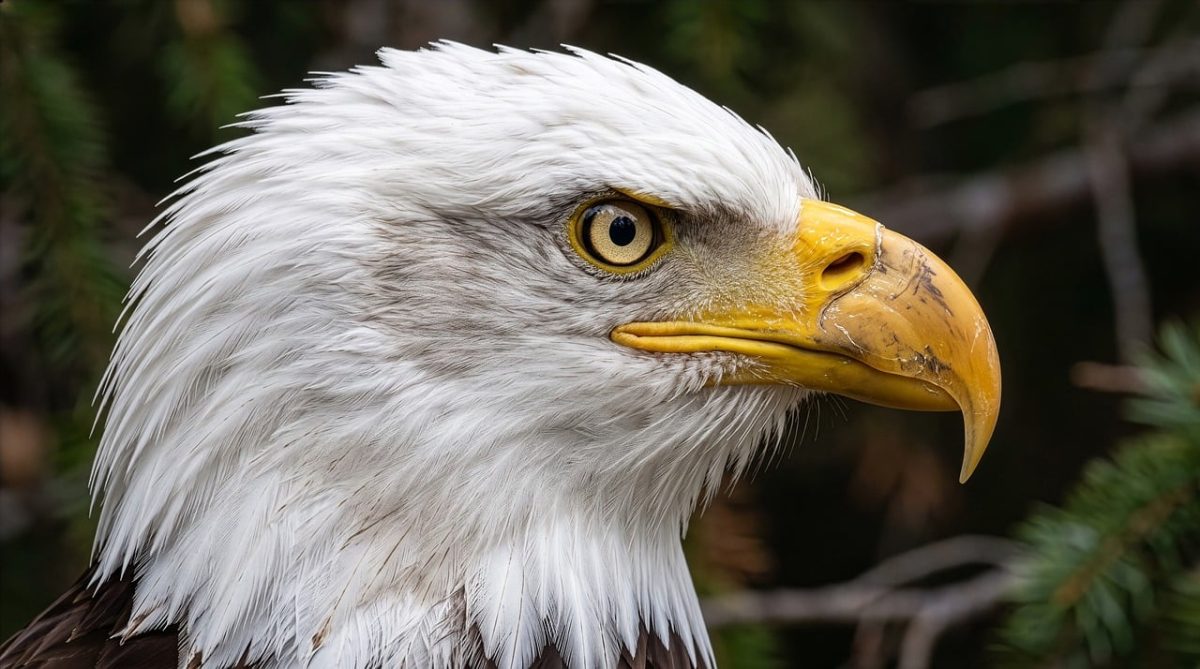 bald eagle, raptor, nature, animal, portrait, hunter, fauna, predator, ornithology, profile, dangerous, regal, feather, wilderness, bird, wildlife, beak, eye, wild, red, ai generated