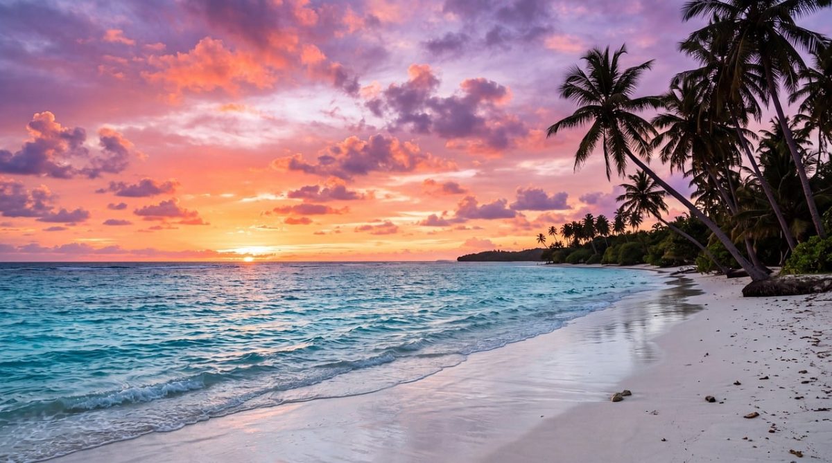 beach, sunset, tropical, palm trees, ocean, sea, sand, turquoise, sky, paradise, clouds, beautiful view, calm, warm, water, vacation, summer, nature, dawn, holiday destination, natural beauty, travel
