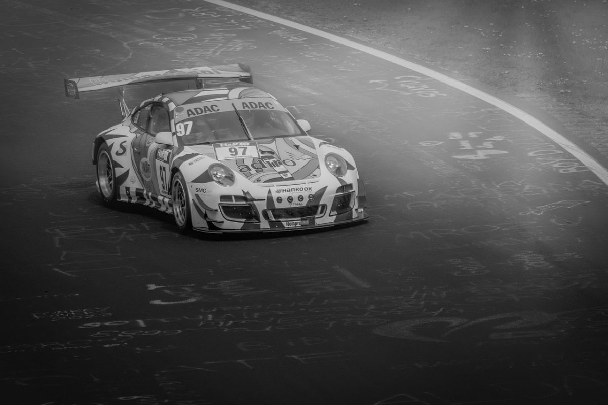car racing, race car, race track, motorsport, racing, fog, black and white