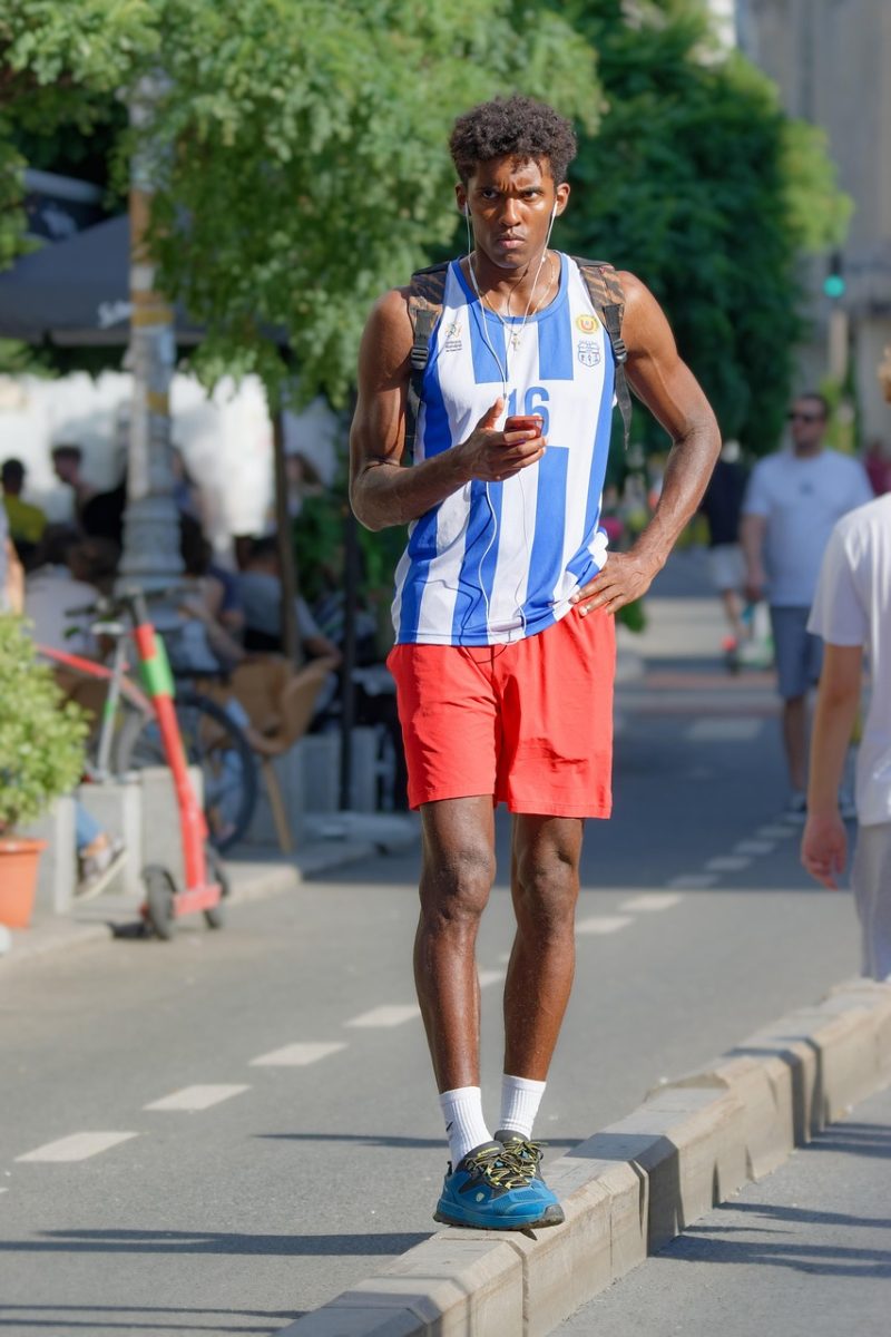 black, man, african, sports, smartphone, standing, street, urban, lifestyle, athlete, fitness, exercise, outdoors