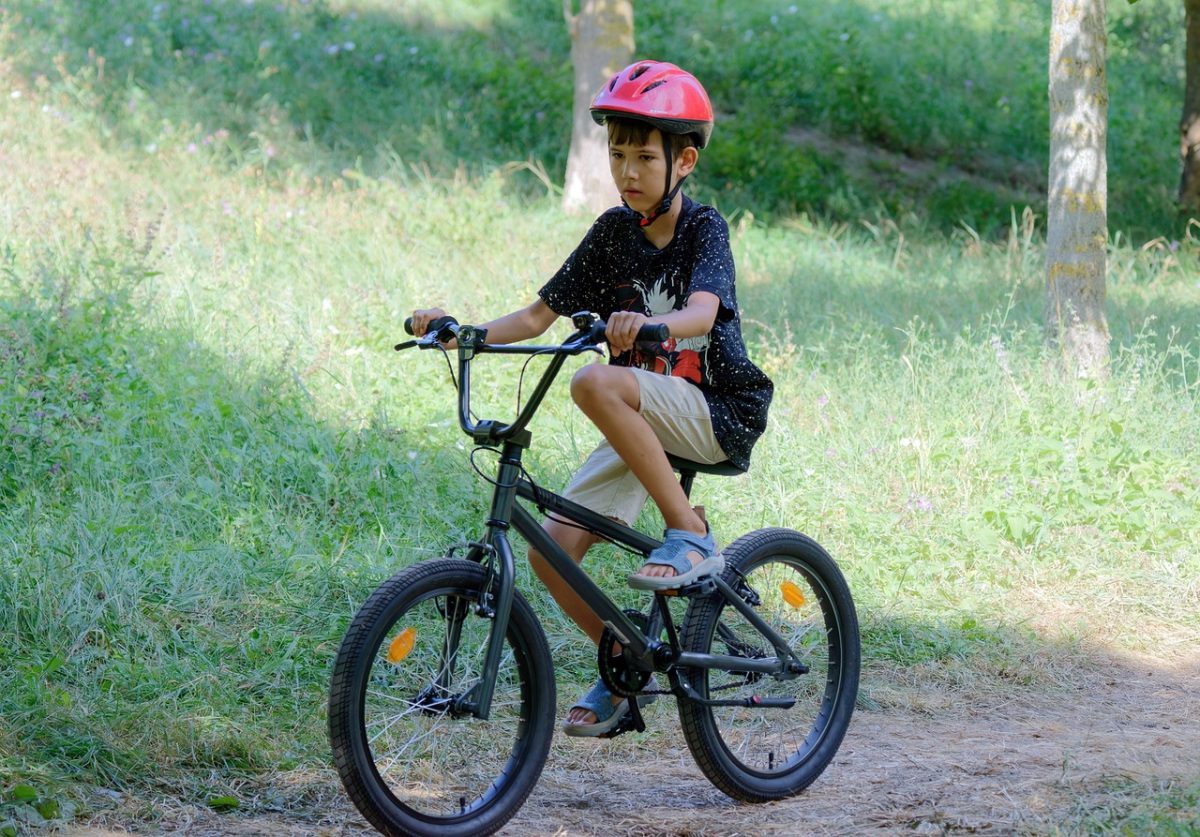 child, helmet, biking, bike ride, boy, bicycle, pathway, nature, park, sports, recreation, trees