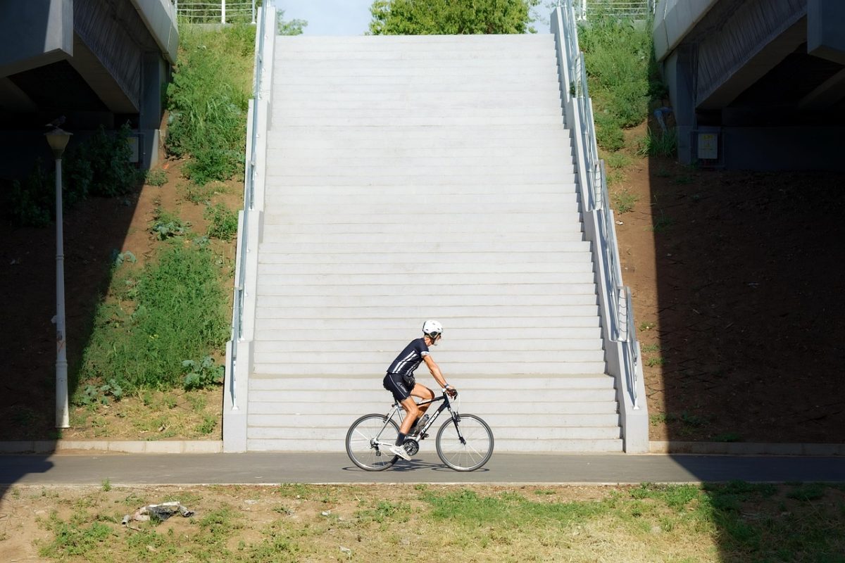 bicyclist, man, beard, running, bike, alley, bridge, stairs, naturally, parka, sports, health, lifestyle, helmet