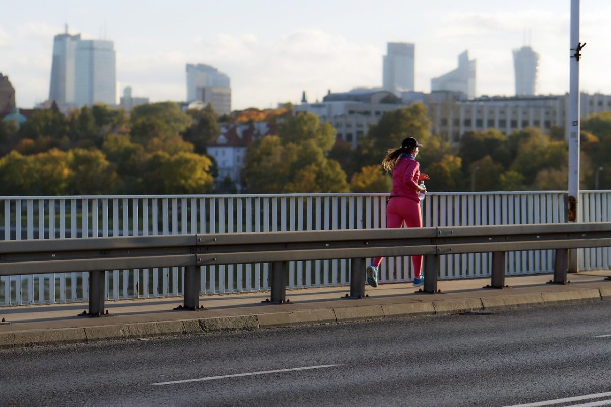 girl, running, jogging, exercise, bridge, sidewalk, cityscape, building, trees, sports, health, nature, lifestyle, urban, autumn