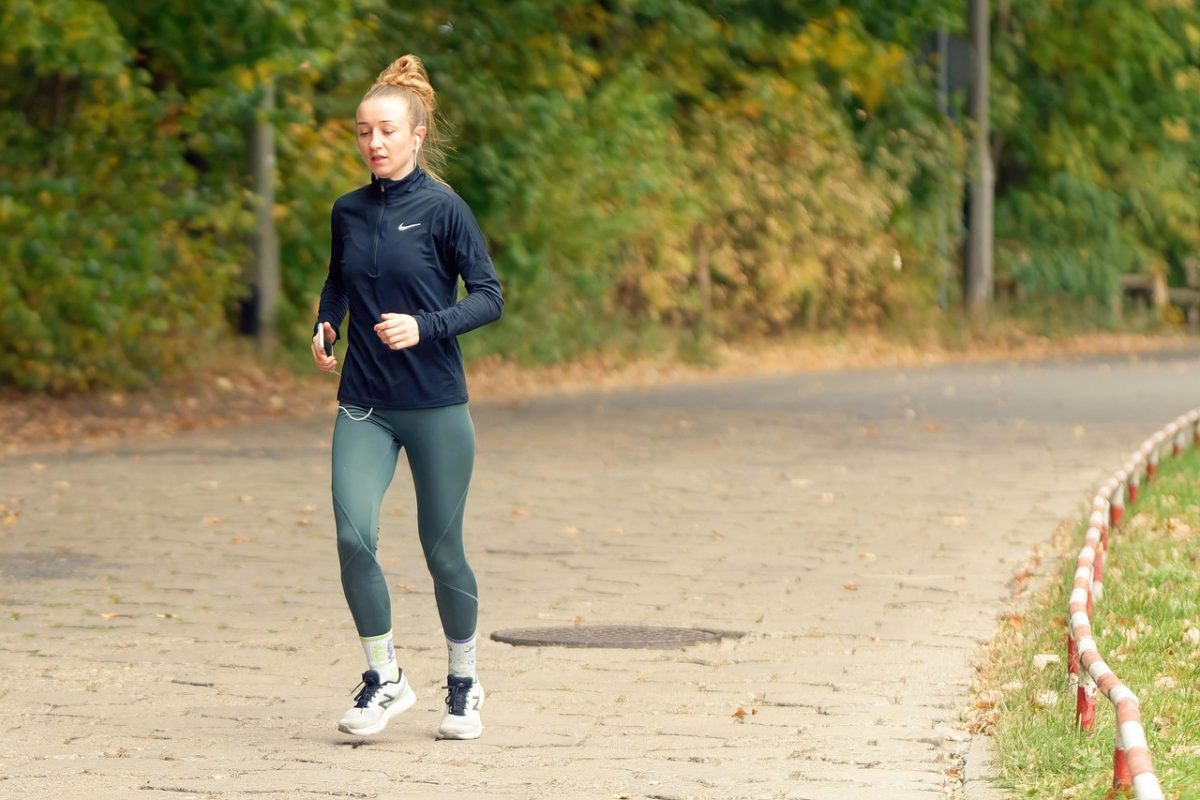 girl, jogging, exercise, running, activity, tights, nature, pavement, trees, sports, health, lifestyle, autumn