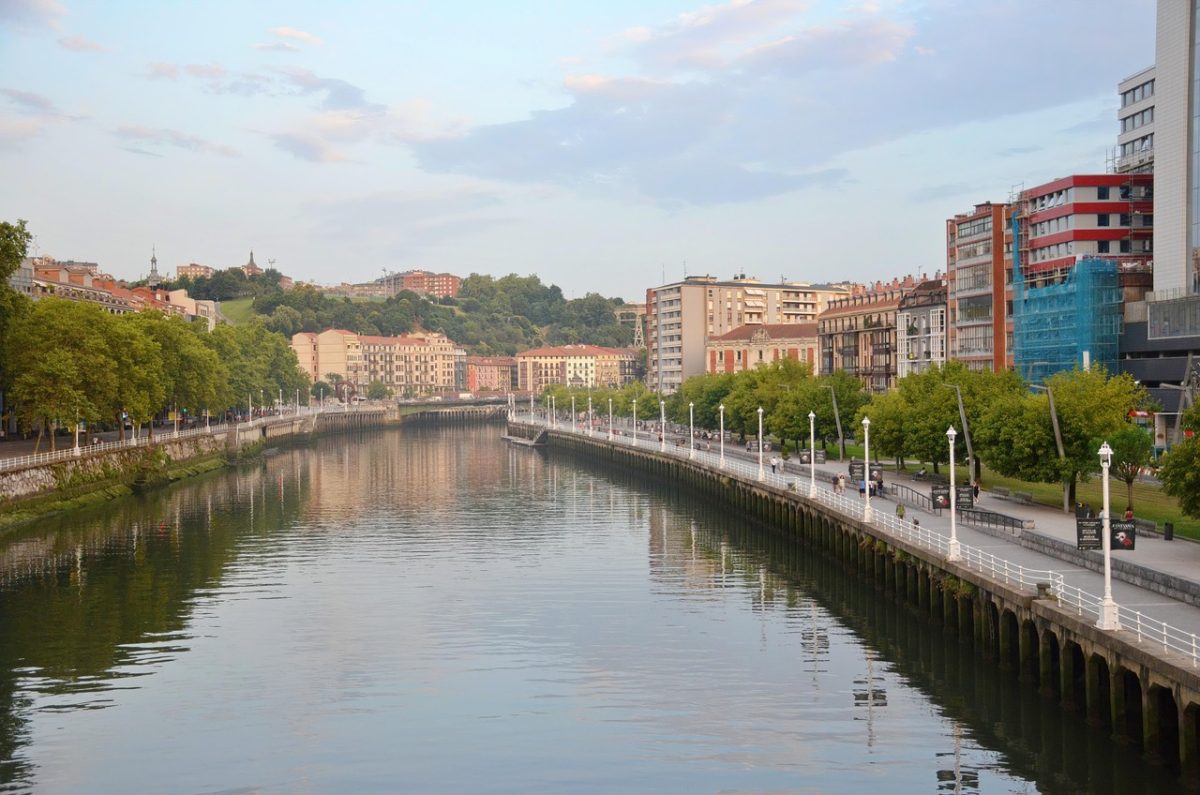 cityscape, river, architecture, buildings, urban, road, street, cars, landscape, nature, sky, spain, water, bilbao