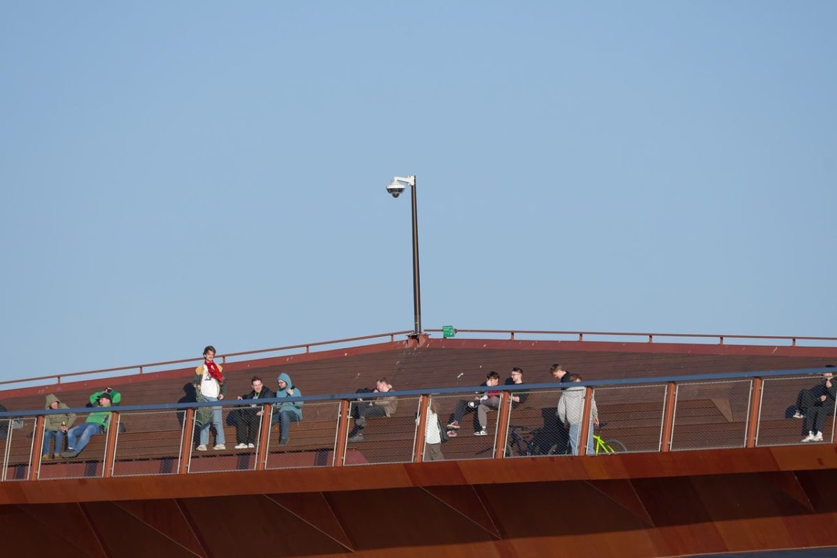 bridge, metallic, people, sitting, stairs, relaxing, recreation, urban, landscape