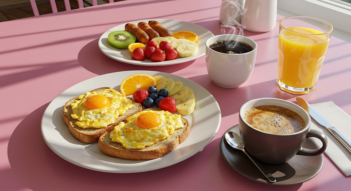 breakfast, toast, eggs, fruit, sausages, juice, coffee, table, pink, plate, food, orange, banana, strawberry, blueberry, kiwi, mug, cup, knife, spoon, napkin, drink, meal, healthy, coffee cup, delicious