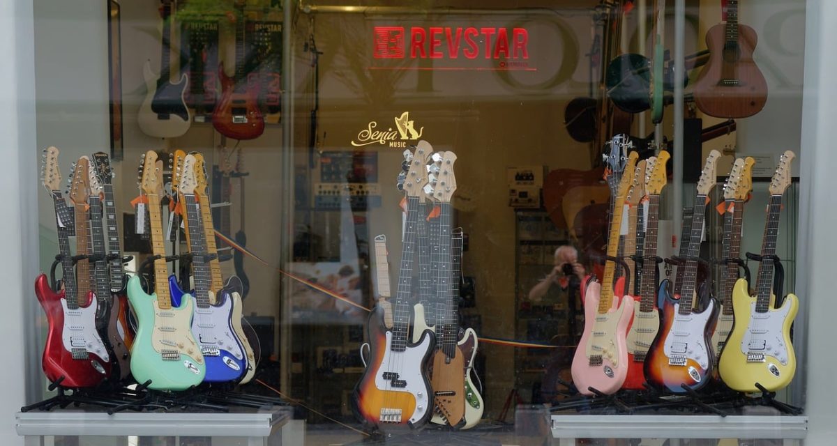 showcase, shop, musical instrument, guitar, electric, exposed, advertising, attraction, urban, music