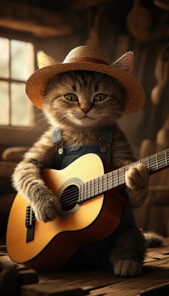 cat, acoustic guitar, pet, music, animal, musician, ai generated
