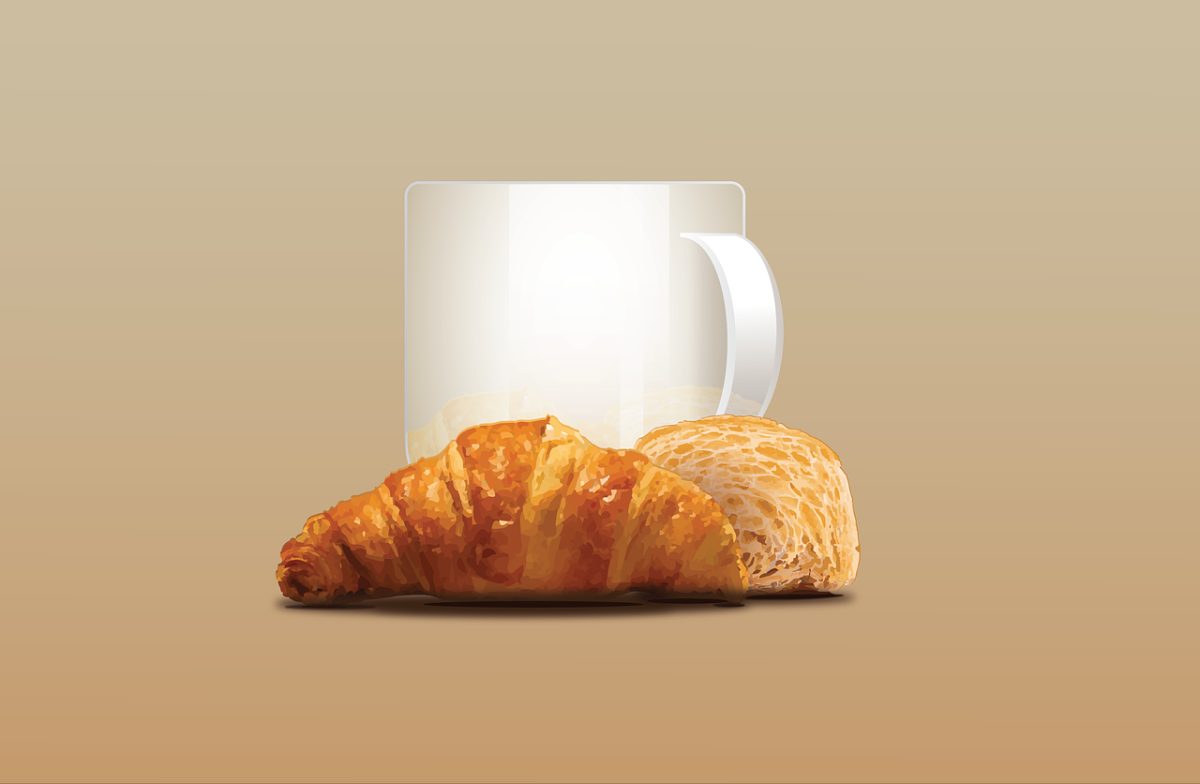 coffee, croissant, pastry, beverage, mug, cafe, office, coffee cup, drink, food, tea