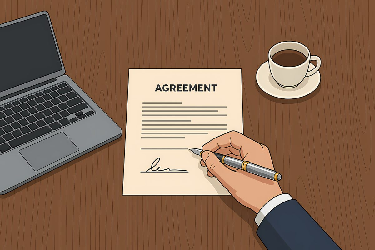 sign, signing, contract, agreement, man, hand, coffee cup, person, professional, businessman, writing, working, gesturing, closing a deal, document, paper, laptop, computer, coffee, cup, pen, desk, table, business, office
