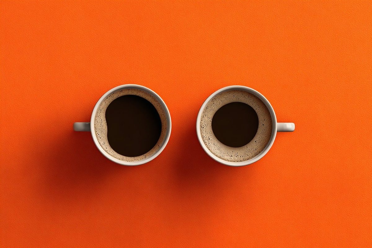 coffee, caffeine, cup, drink, orange, two, symmetry, minimalism, texture, foam, companionship, dessert, snacks, cozy, relaxation, bright, homey, aesthetic, culture, handmade, coffee cup, hot