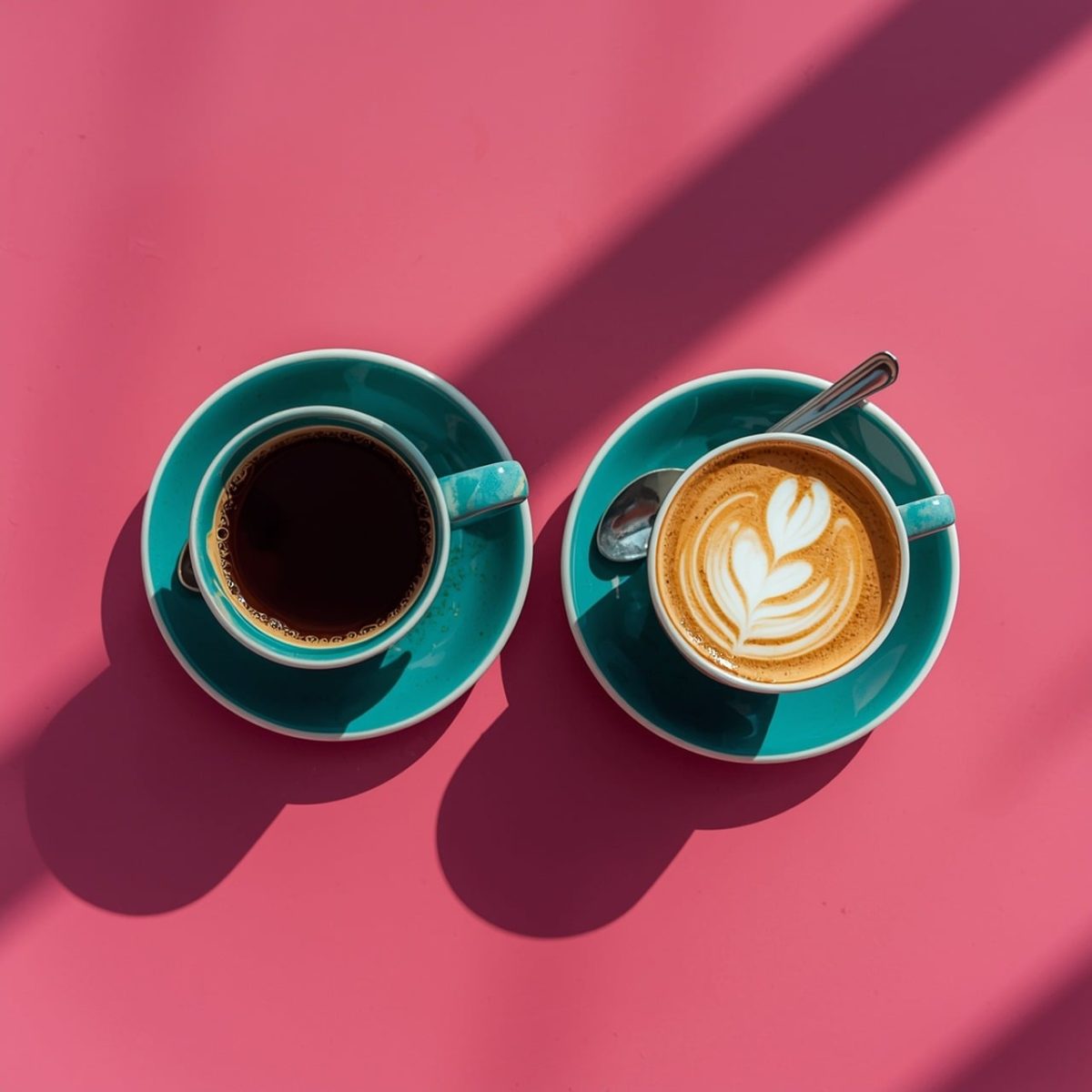 coffee, espresso, cappuccino, cup, saucer, pink background, shadows, milk foam, latte art, two cups, blue ceramic, morning, table setting, pink coffee, coffee cup, stylish photo, coffee with friends, daylight, tranquil moment, classic design