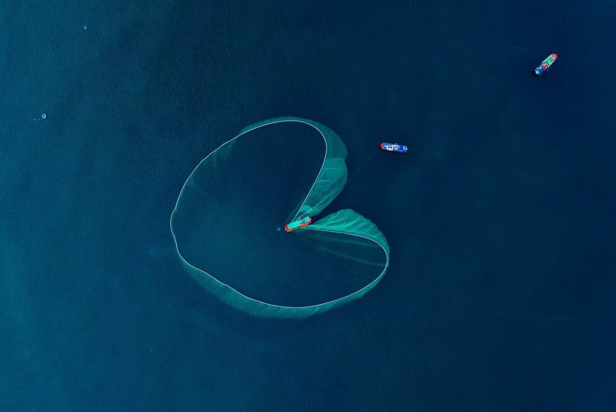 fishing, net, sea, blue, boat, aerial view, vietnam, fishing boat, water, coast, nature, panorama, seascape, natural scenery, view from above, environment, tourism, streak of light, light effect