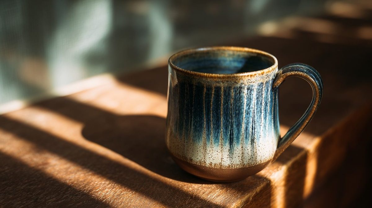 coffee, cup, ceramic, mug, sunlight, wood, table, texture, shadows, morning, cozy, calm, soft light, handmade, brown, coffee cup, blue, glaze, pottery, craft, detail
