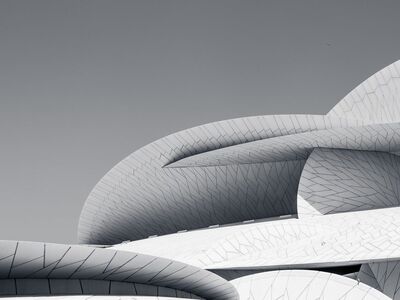 national museum of qatar, architecture, modern, curved, desert rose, doha, futuristic, blue sky, facade, monochromatic, design, qatar, art, islamic architecture, innovative design, avant-garde, museum, stone slabs, islamic art, nature, desert