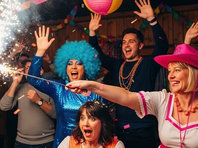 festival, boom, dance party, friends, festive atmosphere, joy, dance, disguise, good mood, happy, happiness, fun, evening, surprise party, entertainment, generated