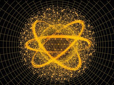 ai generated, quantum computing, entanglement, atom, science, energy, physics, gold, glowing, electrons, nucleus, particles, grid, technology, power, orbit, light, digital, scientific, research, quantum, dynamic, abstract