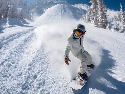 snowboarder, snowboarding, snow, mountain, winter, sport, action, extreme, downhill, ride, slope, white, speed, fun, cold, season, activity, recreation, outdoor, landscape, sky, blue, ai generated