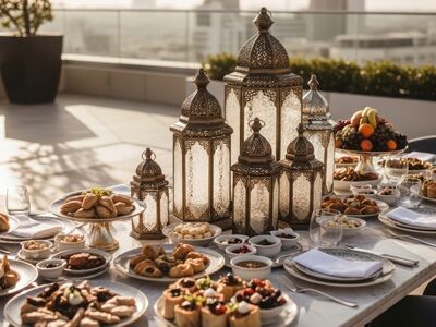 ramadan iftar, iftar food, iftar table, dates fruit, ajwa dates, water and dates, ramadan meal, halal food, arabic food, middle eastern food, biryani, kebab, samosa, pakora, lentil soup, harira soup, mint tea, arabic coffee, ai generated
